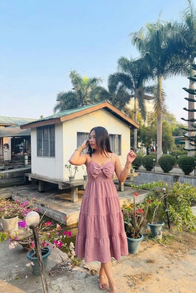 Mauve Bow Front Tiered Midi Dress | Kadambarie - Kadambarie | By Jiya Lal Kapoor & Grandson