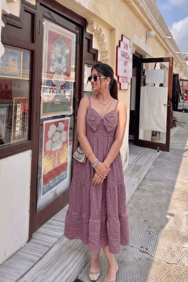 Mauve Bow Front Tiered Midi Dress | Kadambarie - Kadambarie | By Jiya Lal Kapoor & Grandson