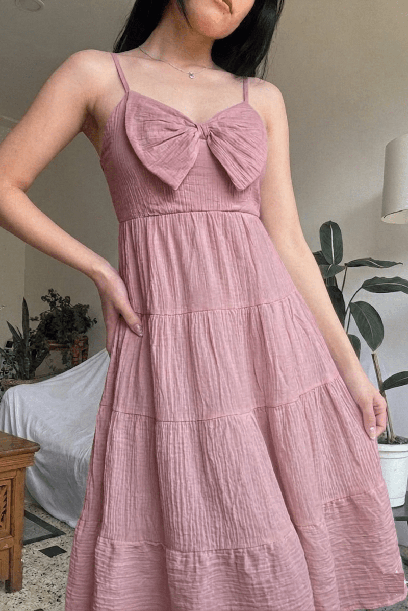 Mauve Bow Front Tiered Midi Dress | Kadambarie - Kadambarie | By Jiya Lal Kapoor & Grandson