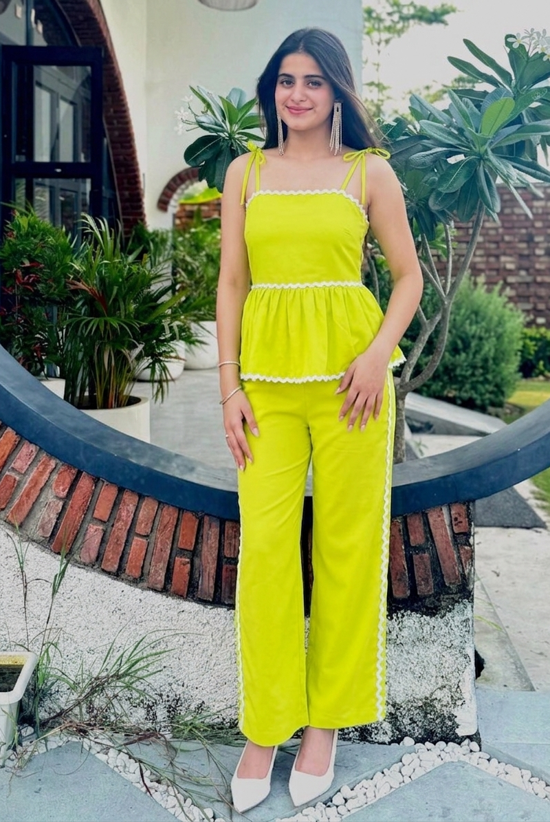 Neon Yellow Peplum Co-Ord Set | Cotton Cami and Trouser | Kadambarie