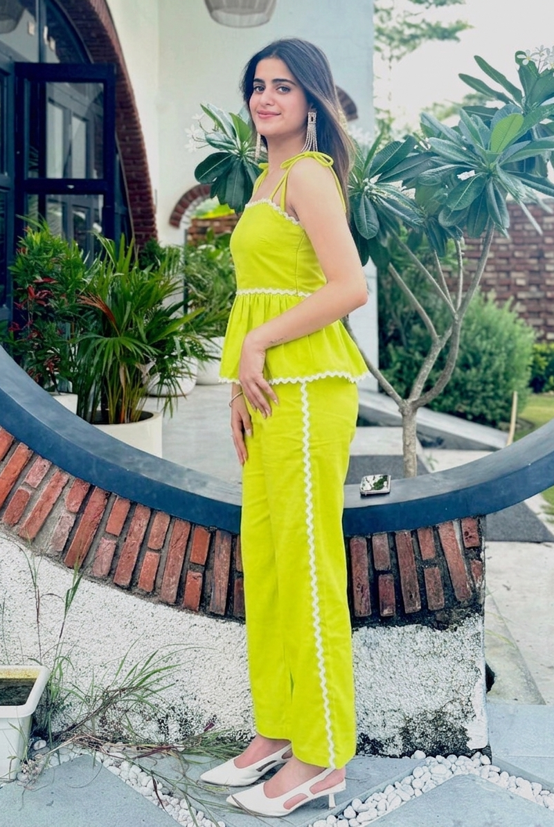 Neon Yellow Peplum Co-Ord Set | Cotton Cami and Trouser | Kadambarie