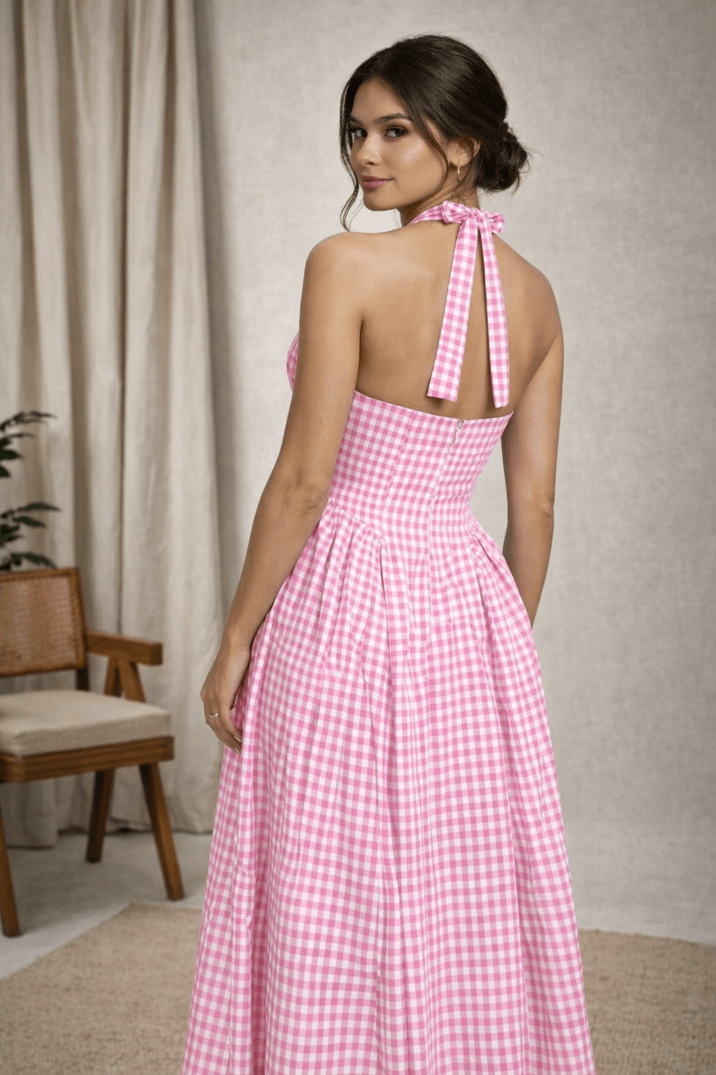 Pink Gingham Halter Maxi Dress for Women | Open Back Tie Dress India | Kadambarie - Kadambarie | By Jiya Lal Kapoor & Grandson