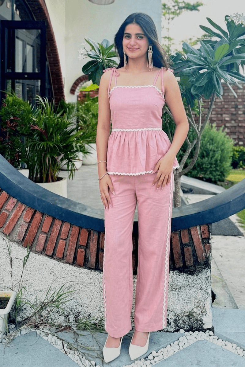 Peach Peplum Co - Ord Set | Cotton Cami and Trouser | Kadambarie - Kadambarie | By Jiya Lal Kapoor & Grandson