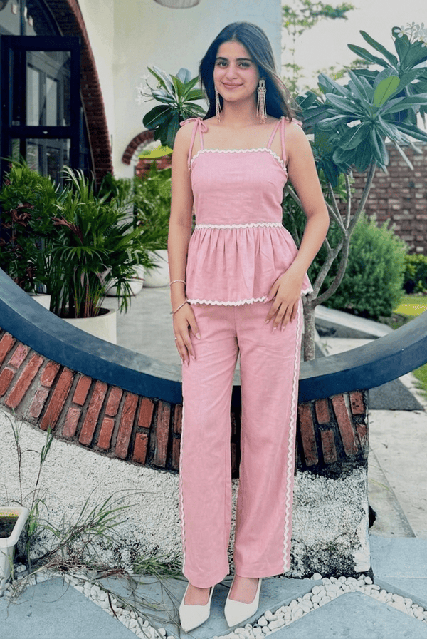 Peach Peplum Co - Ord Set | Cotton Cami and Trouser | Kadambarie - Kadambarie | By Jiya Lal Kapoor & Grandson