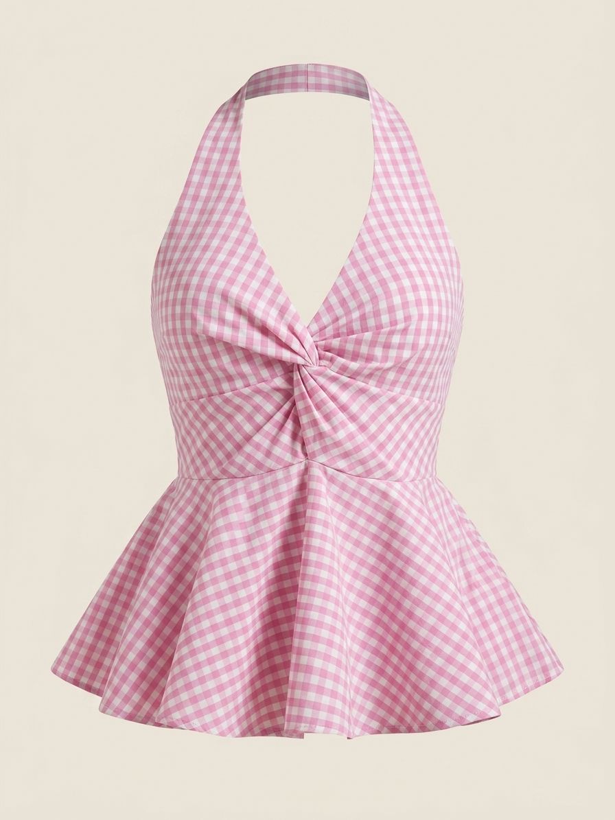 Pink Gingham Halter Top | Checkered Twist Front Top | Kadambarie