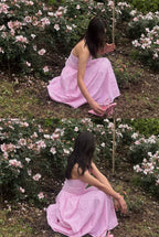 Pink Gingham Halter Maxi Dress for Women | Open Back Tie Dress India | Kadambarie