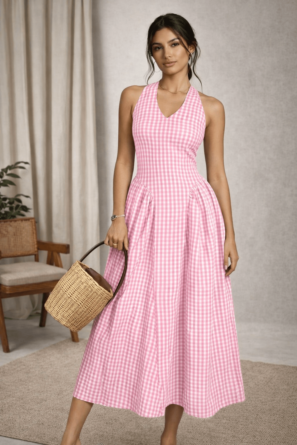 Pink Gingham Halter Maxi Dress for Women | Open Back Tie Dress India | Kadambarie - Kadambarie | By Jiya Lal Kapoor & Grandson