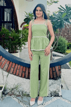 Pista Green Peplum Co - Ord Set | Cotton Cami and Trouser | Kadambarie - Kadambarie | By Jiya Lal Kapoor & Grandson