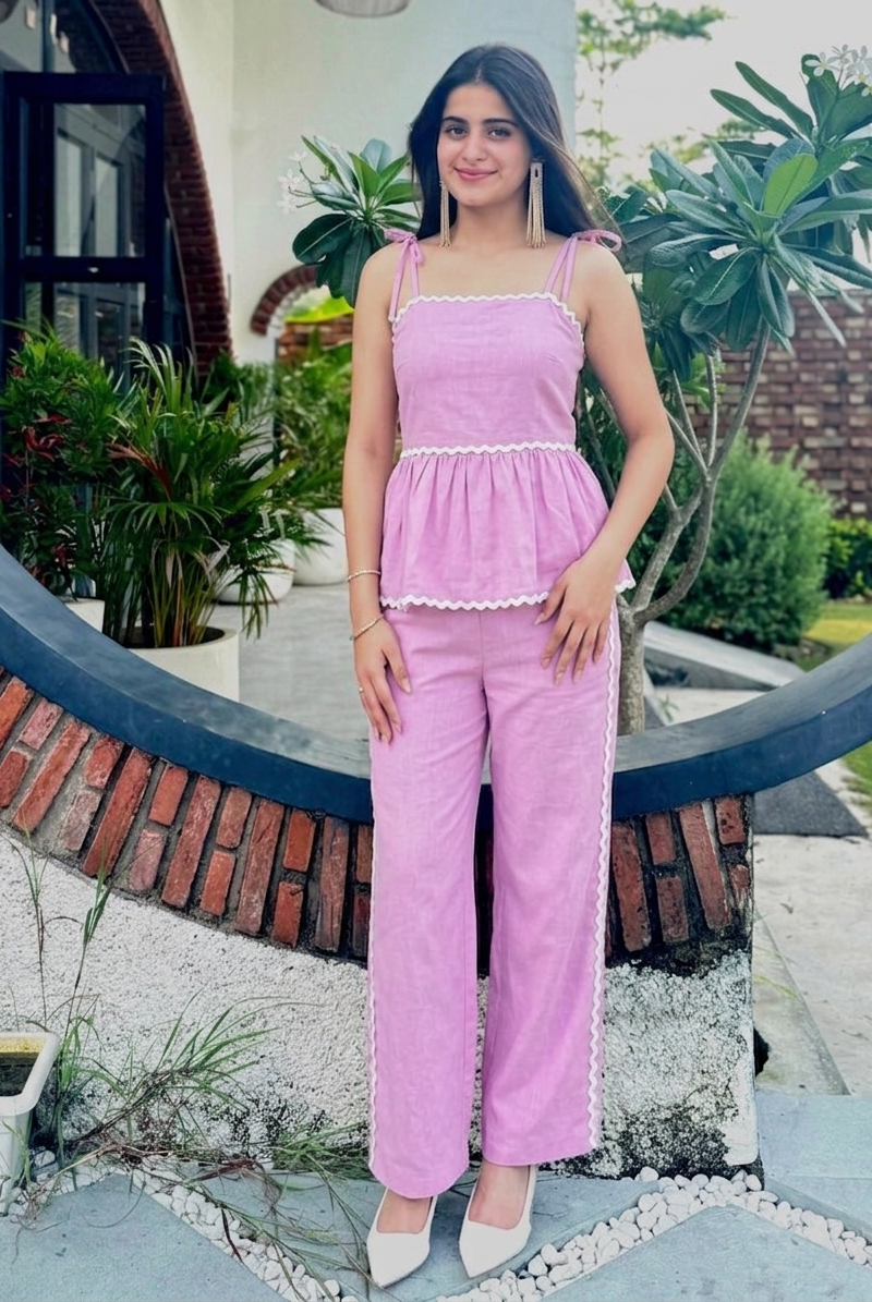 Powder Pink Peplum Co-Ord Set | Cotton Cami and Trouser | Kadambarie