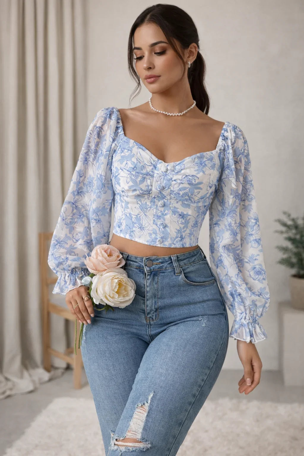 Puff sleeve crop top blue floral print