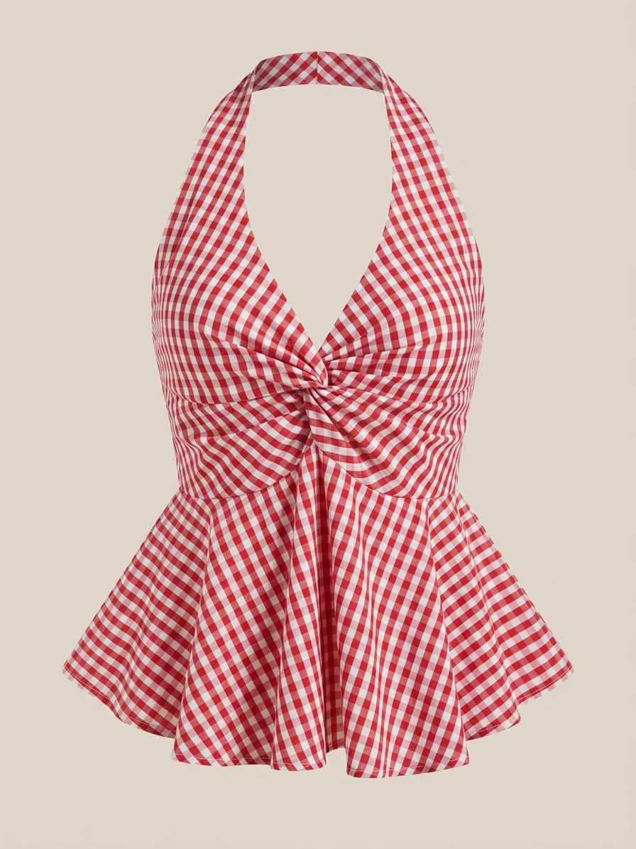 Red Gingham Halter Top | Checkered Twist Front Top | Kadambarie