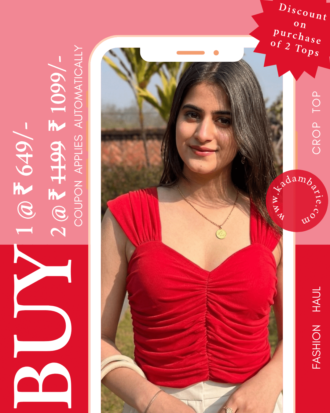 Red colour padded crop top Kadambarie India