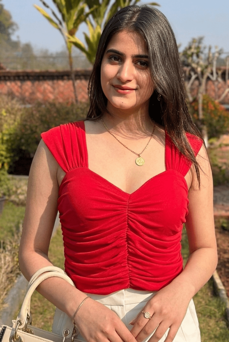 Red ruched crop top women India Kadambarie