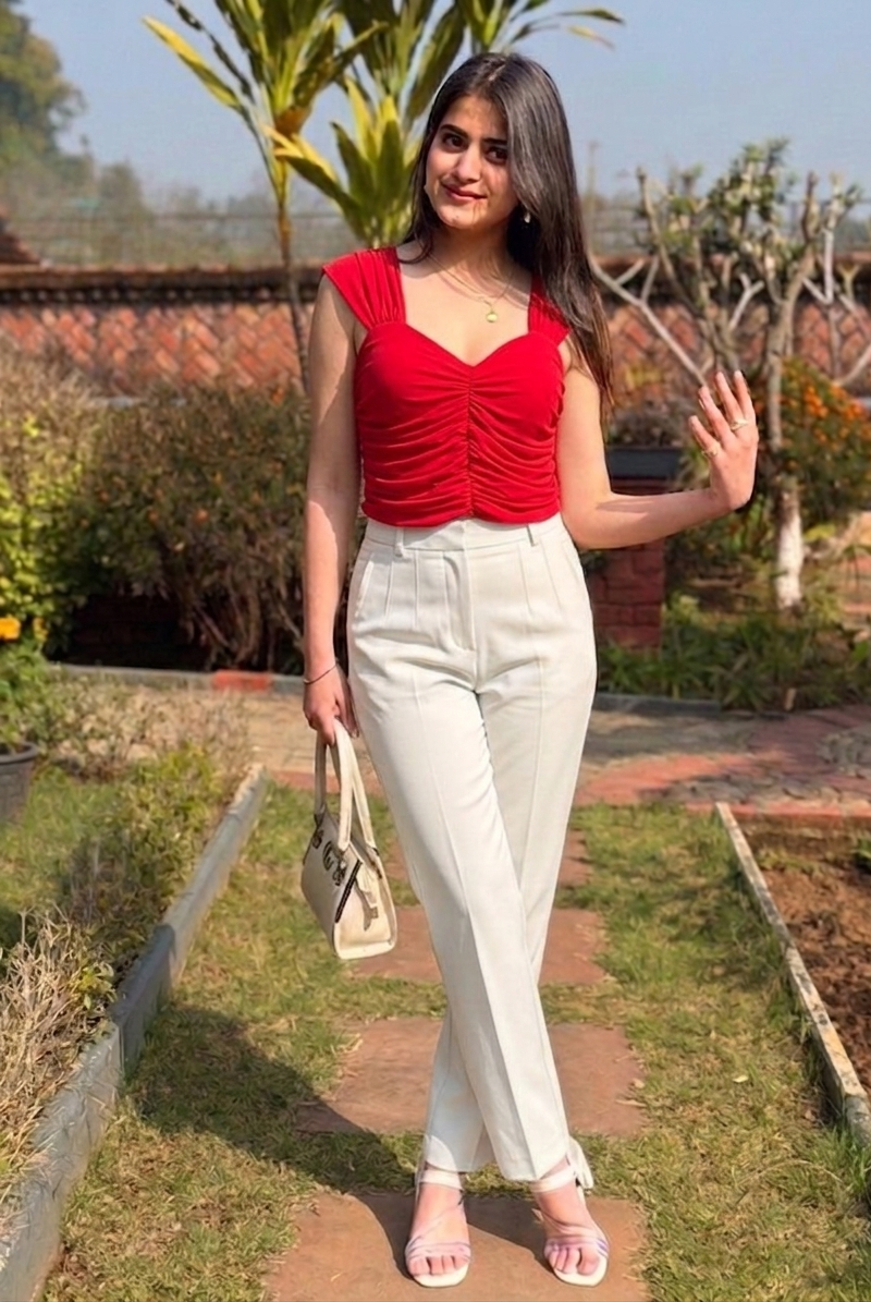 Red sweetheart neck ruched top women buy online India