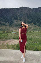 Maroon Ribbed Ruched Midi Skirt Co-Ord Set | Scallop Crop Top with Side Slit | Kadambarie