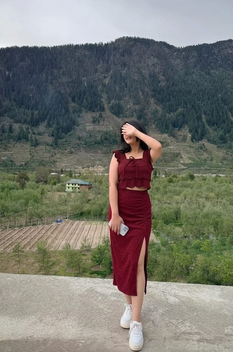 Maroon Ribbed Ruched Midi Skirt Co-Ord Set | Scallop Crop Top with Side Slit | Kadambarie