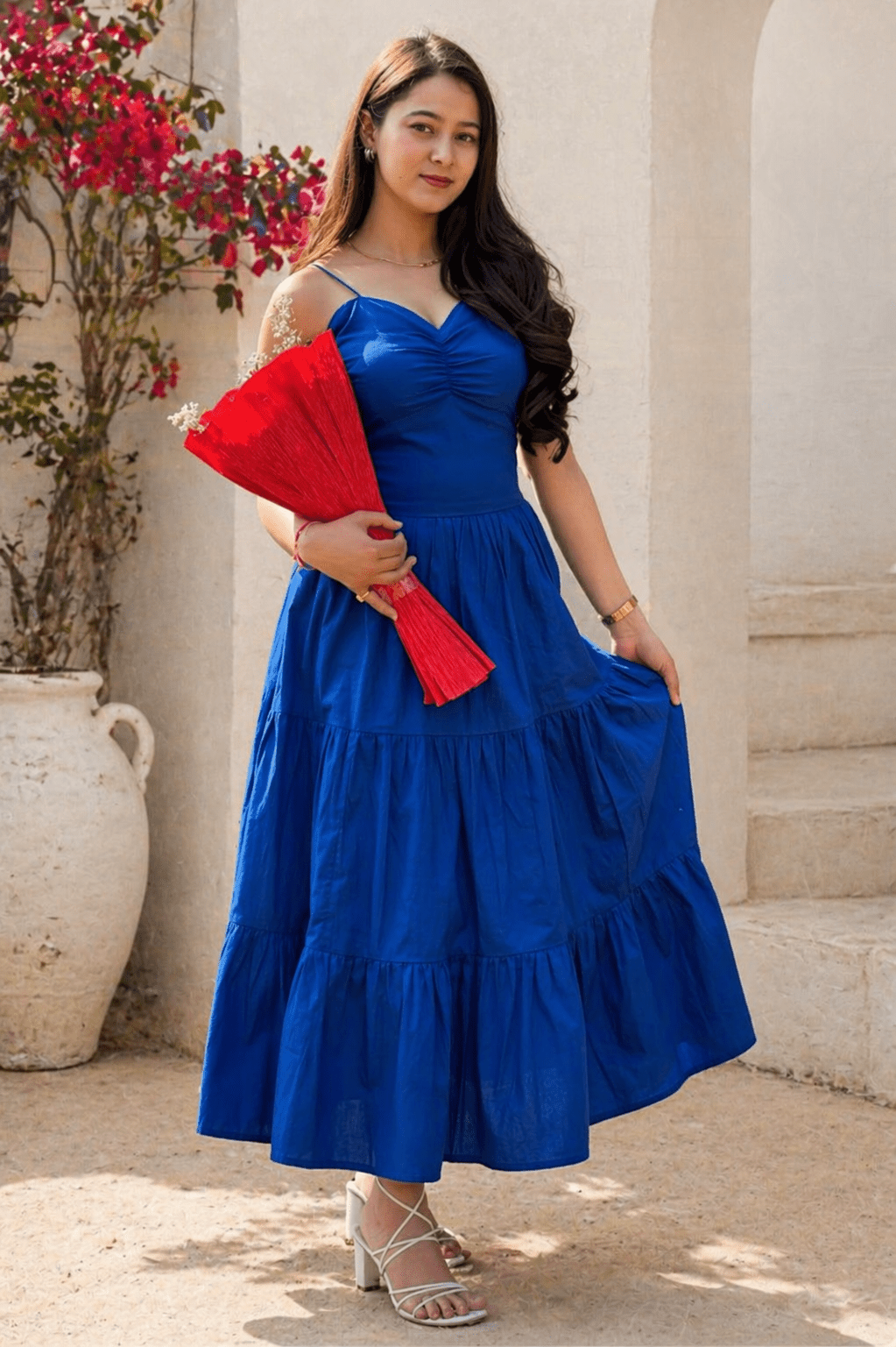 Royal Blue Tiered Maxi Dress for Women | Ruched Spaghetti Strap Long Dress India | Kadambarie - Kadambarie | By Jiya Lal Kapoor & Grandson