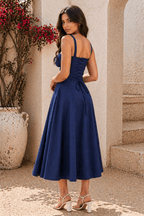 Navy Blue Corset Midi Dress for Women | Ruched Bust Lace Up Back Dress India | Kadambarie - Kadambarie | By Jiya Lal Kapoor & Grandson