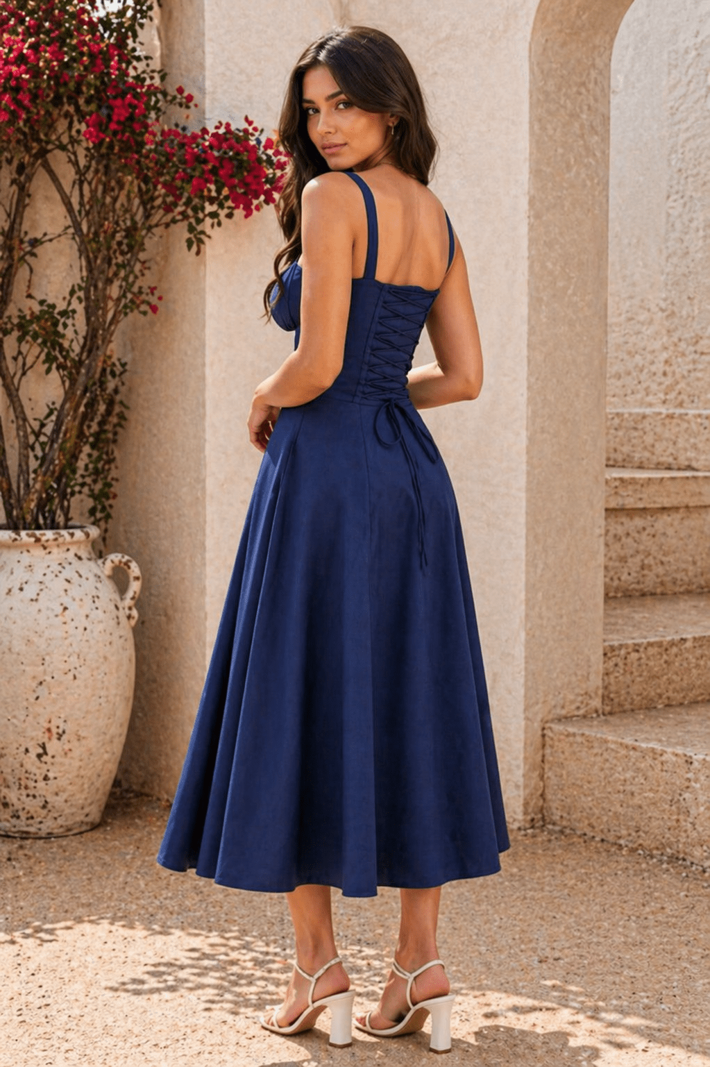 Navy Blue Corset Midi Dress for Women | Ruched Bust Lace Up Back Dress India | Kadambarie - Kadambarie | By Jiya Lal Kapoor & Grandson