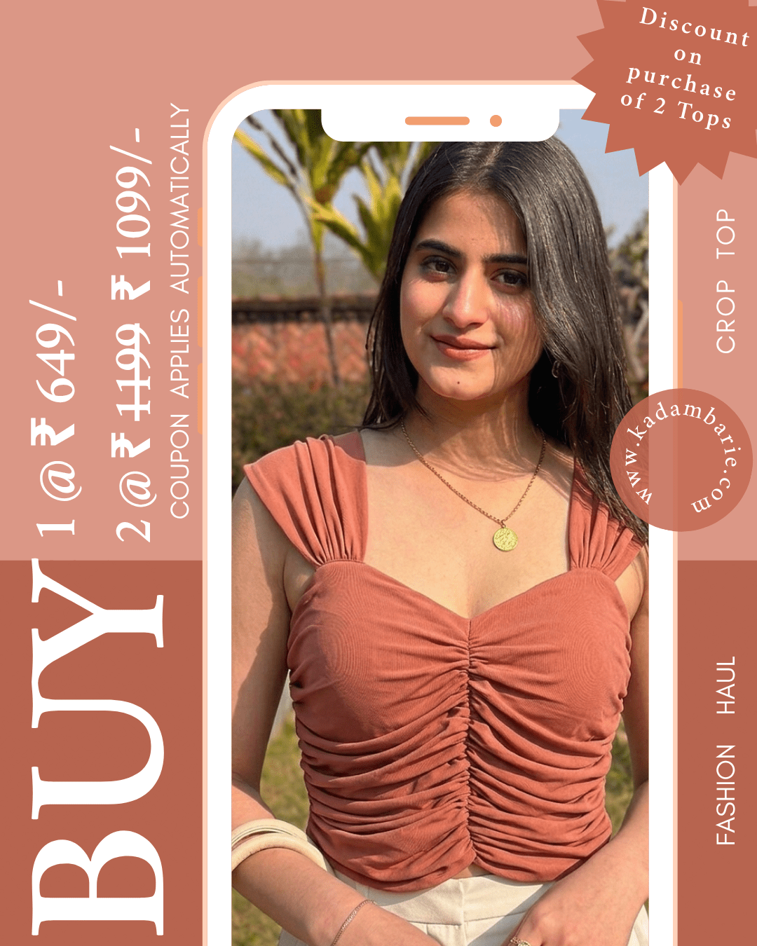 Woman wearing a rust colored top with promotional text on a beige background