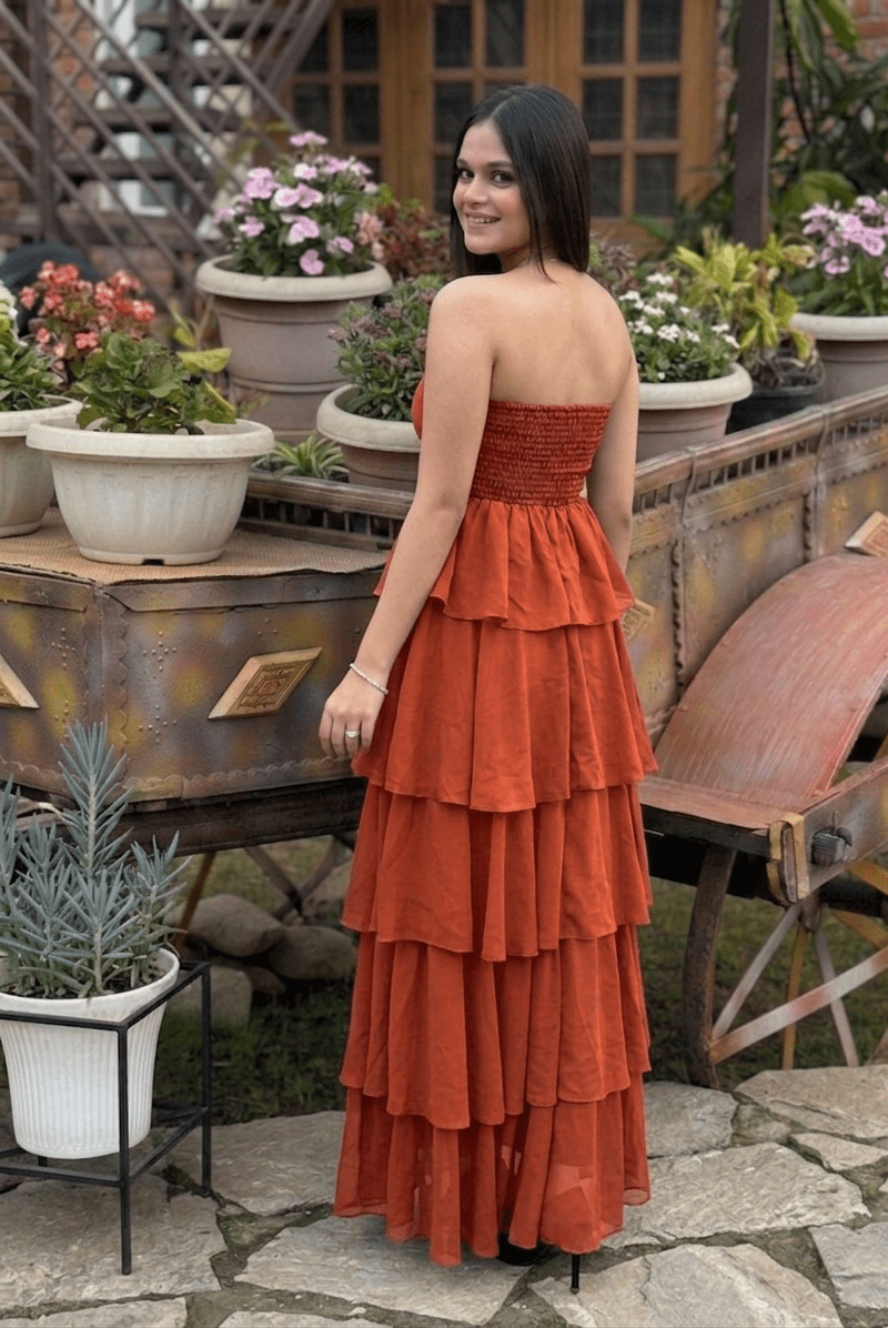 Rust Strapless Tiered Maxi Dress | Flowy Party Dress | Kadambarie