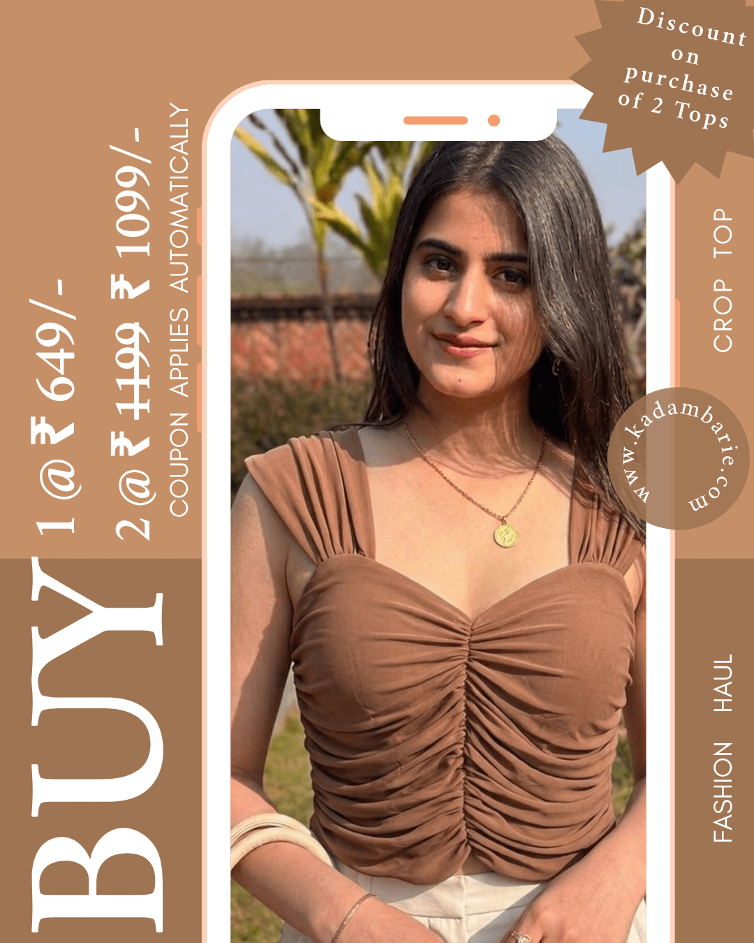 Woman wearing a brown top with promotional text on a beige background