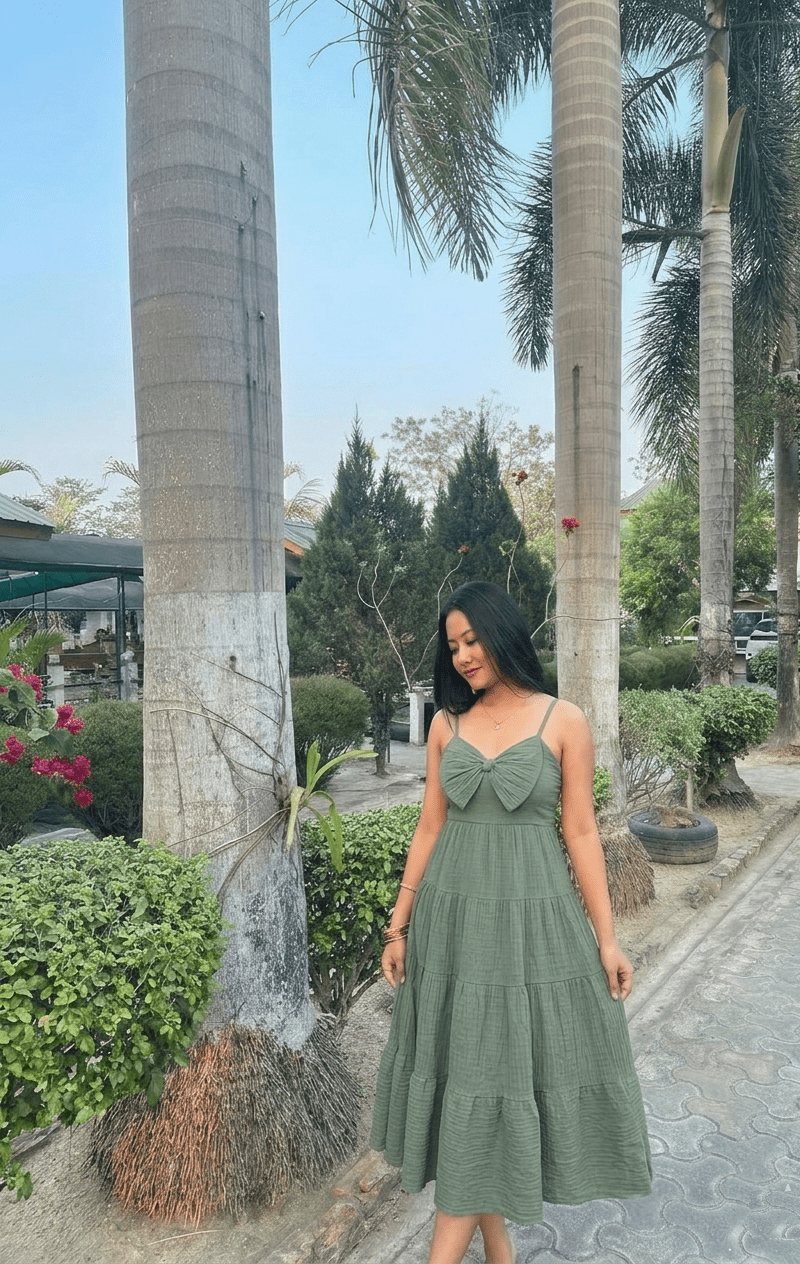 Slate Green Bow Front Tiered Midi Dress | Kadambarie - Kadambarie | By Jiya Lal Kapoor & Grandson