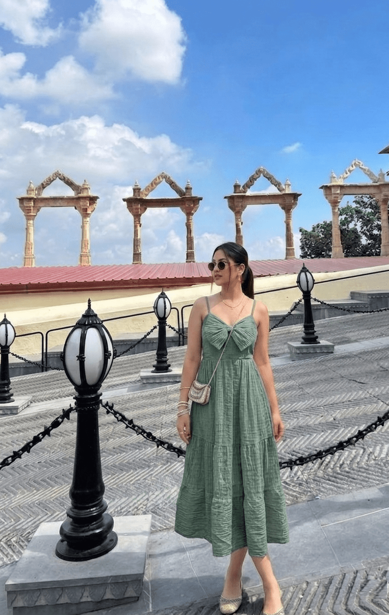 Slate Green Bow Front Tiered Midi Dress | Kadambarie - Kadambarie | By Jiya Lal Kapoor & Grandson