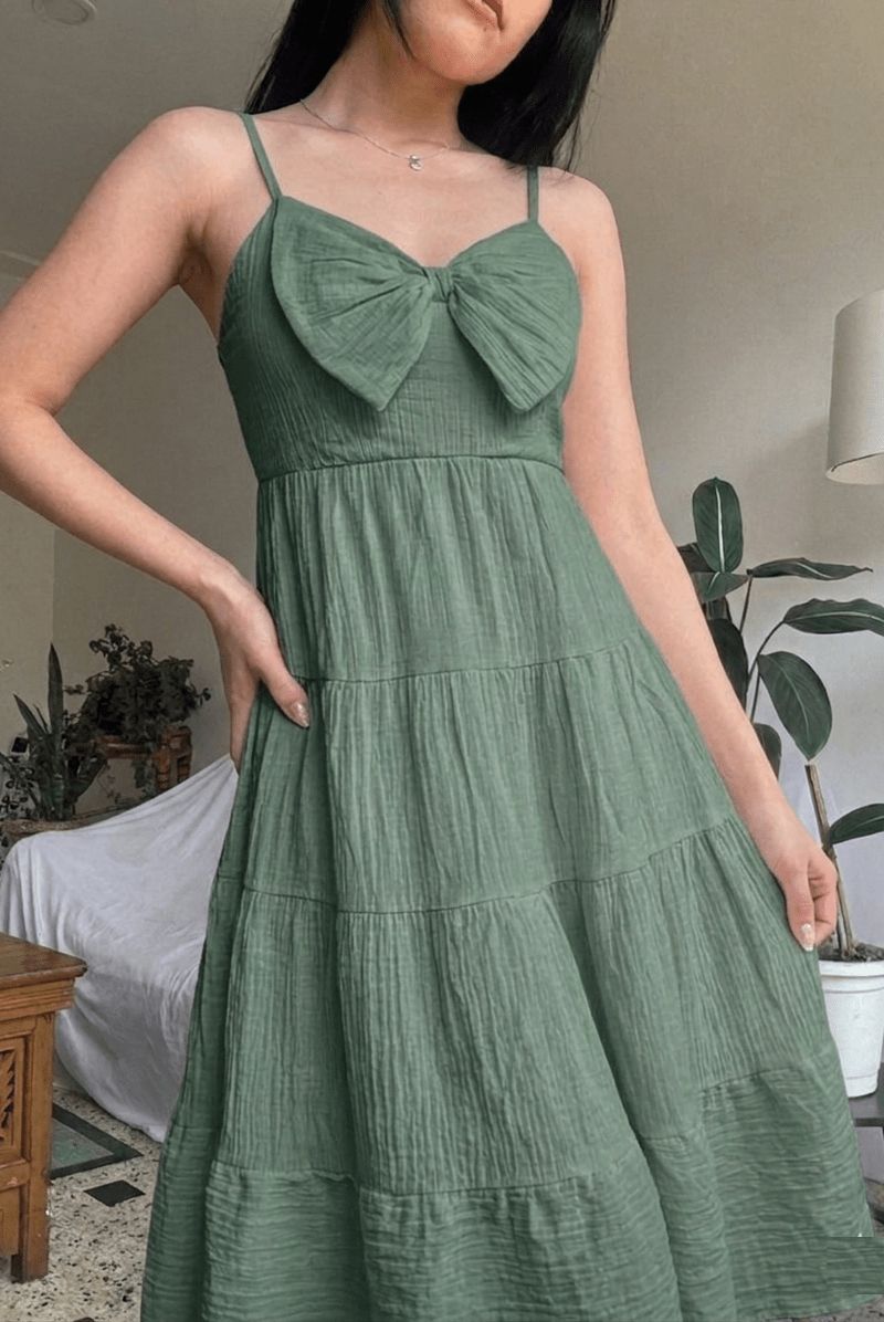Slate Green Bow Front Tiered Midi Dress | Kadambarie - Kadambarie | By Jiya Lal Kapoor & Grandson