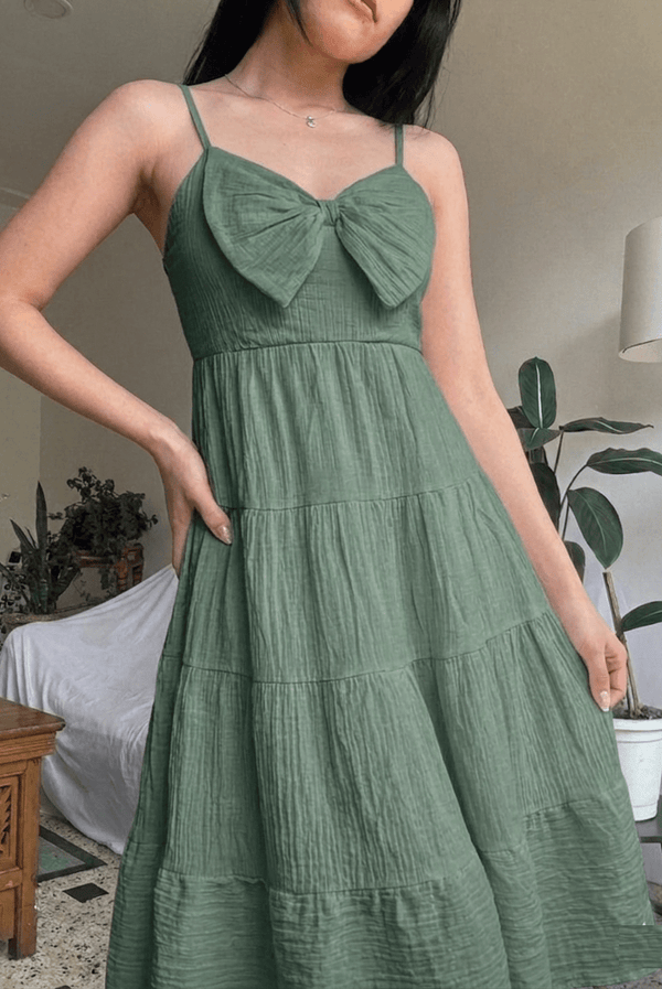 Slate Green Bow Front Tiered Midi Dress | Kadambarie - Kadambarie | By Jiya Lal Kapoor & Grandson