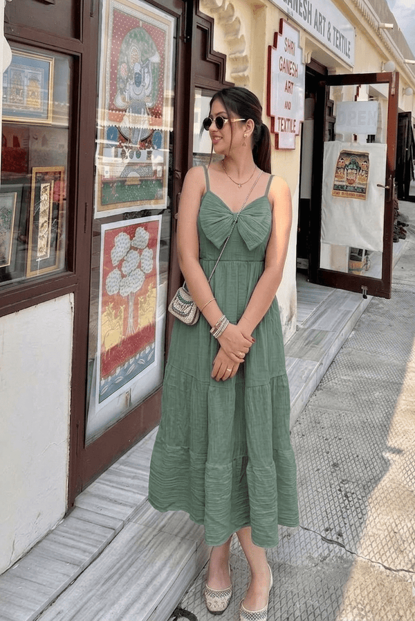 Slate Green Bow Front Tiered Midi Dress | Kadambarie - Kadambarie | By Jiya Lal Kapoor & Grandson