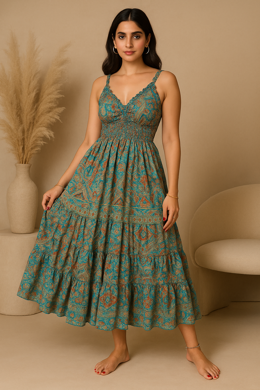 Teal Paisley Smocked Boho Midi Dress