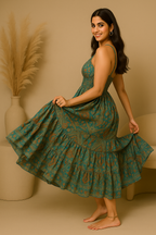 Teal Paisley Smocked Boho Midi Dress