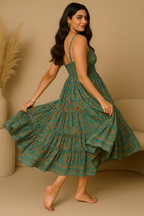 Teal Paisley Smocked Boho Midi Dress