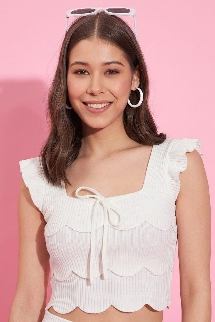 White Ribbed Ruched Midi Skirt Co-Ord Set | Scallop Crop Top with Side Slit | Kadambarie