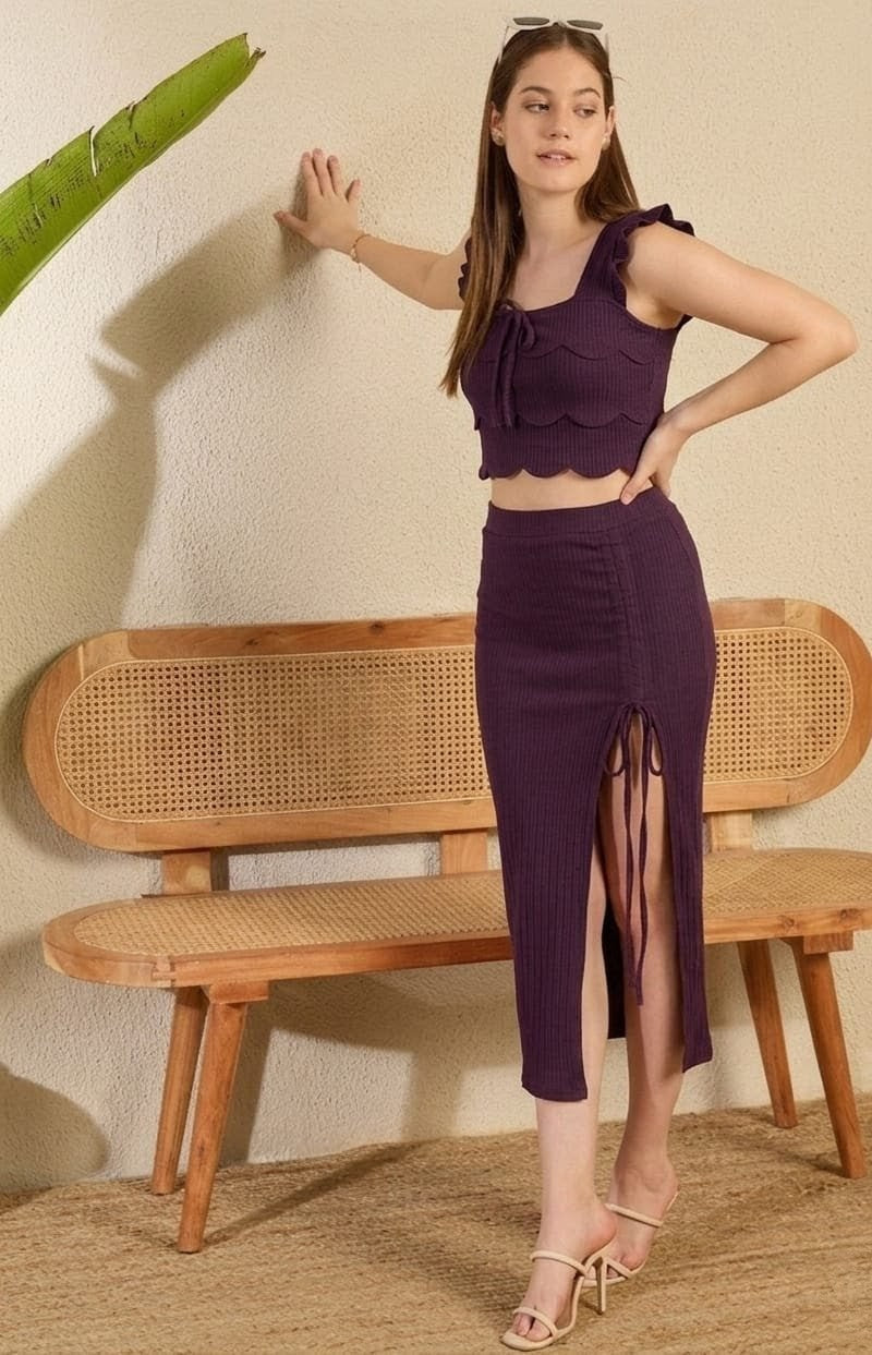 Wine Ribbed Ruched Midi Skirt Co-Ord Set | Scallop Crop Top with Side Slit | Kadambarie