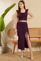 Wine Ribbed Ruched Midi Skirt Co-Ord Set | Scallop Crop Top with Side Slit | Kadambarie