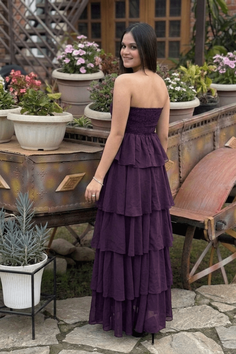 Wine strapless tiered maxi dress women India Kadambarie