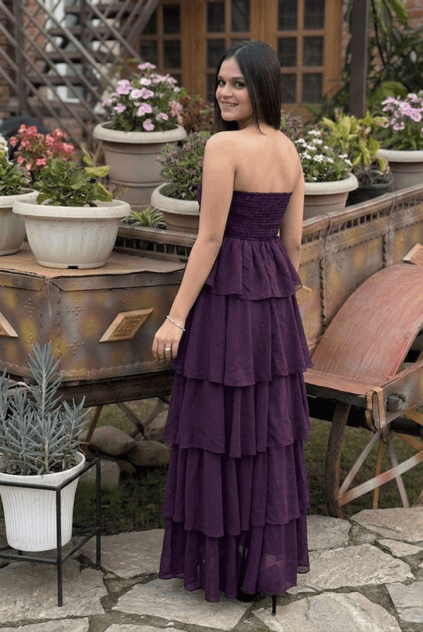 Wine Strapless Tiered Maxi Dress | Flowy Party Dress | Kadambarie - Kadambarie | By Jiya Lal Kapoor & Grandson