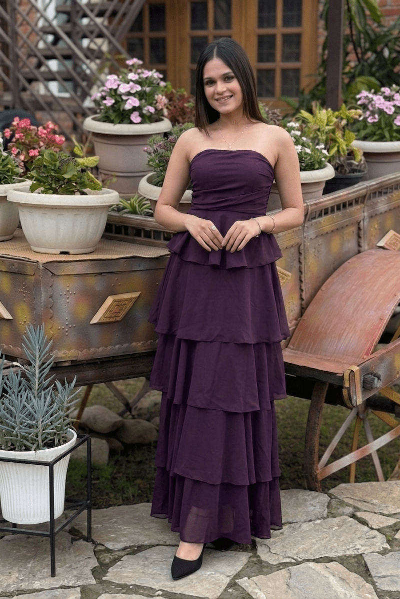 Wine strapless tiered maxi dress women India Kadambarie