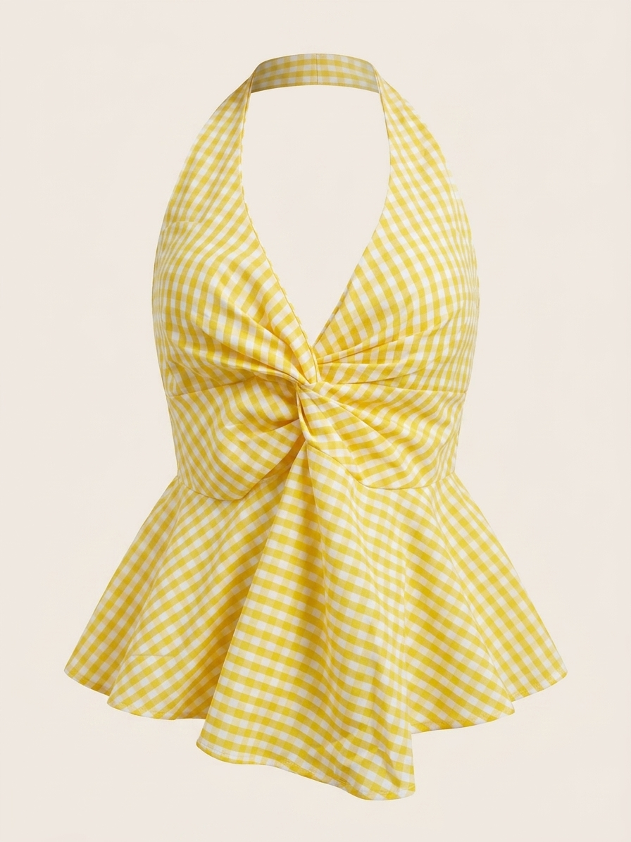 Yellow Gingham Halter Top | Checkered Twist Front Top | Kadambarie