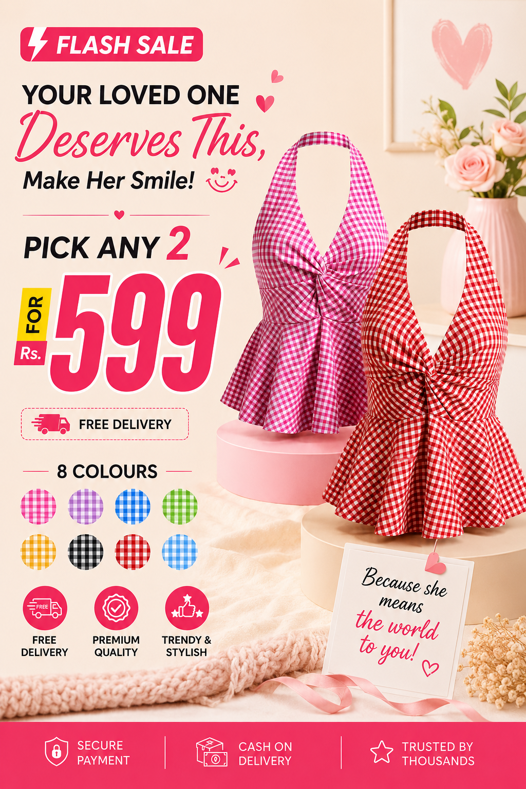 Gingham Halter Top - Pack of 2 | Pink & Red