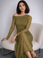 Olive Green One Shoulder Mesh Maxi Dress | Party & Evening Wear | Kadambarie