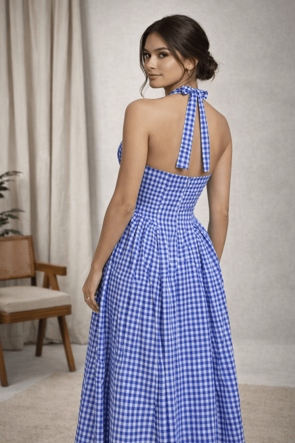 Gingham Halter Maxi Dress for Women | Checkered Flowy Summer Dress | Kadambarie - Kadambarie | By Jiya Lal Kapoor & Grandson