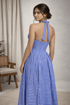 Gingham Halter Maxi Dress for Women | Checkered Flowy Summer Dress | Kadambarie - Kadambarie | By Jiya Lal Kapoor & Grandson