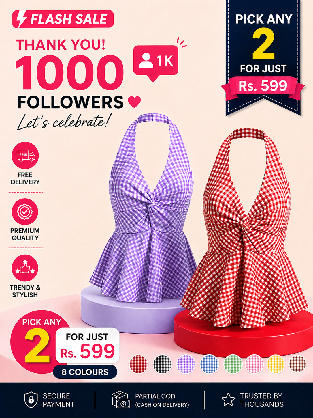 Gingham Halter Top - Pack of 2 | Red & Lavender