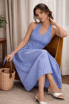 Gingham Halter Maxi Dress for Women | Checkered Flowy Summer Dress | Kadambarie - Kadambarie | By Jiya Lal Kapoor & Grandson