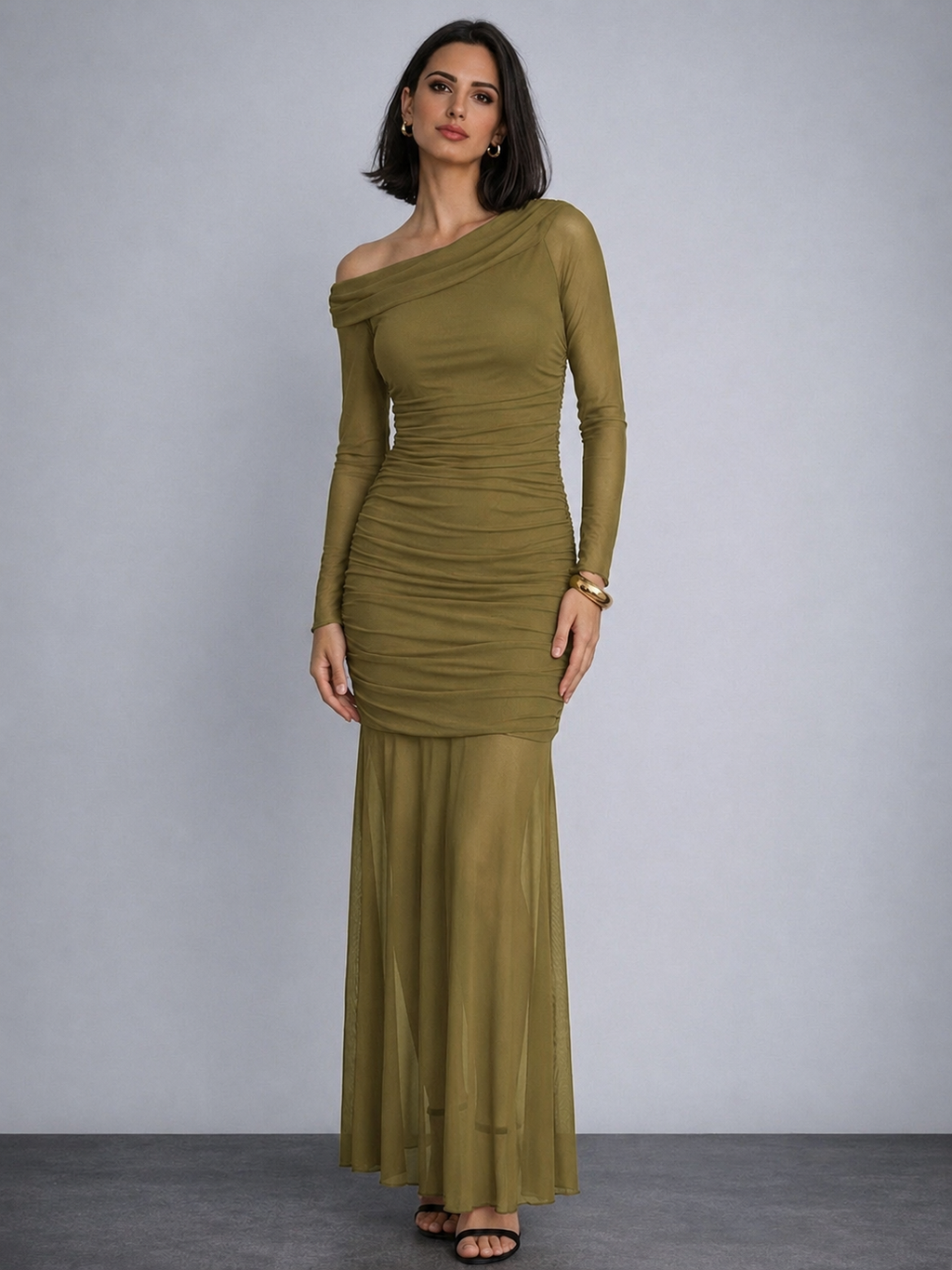 Olive Green One Shoulder Mesh Maxi Dress | Party & Evening Wear | Kadambarie