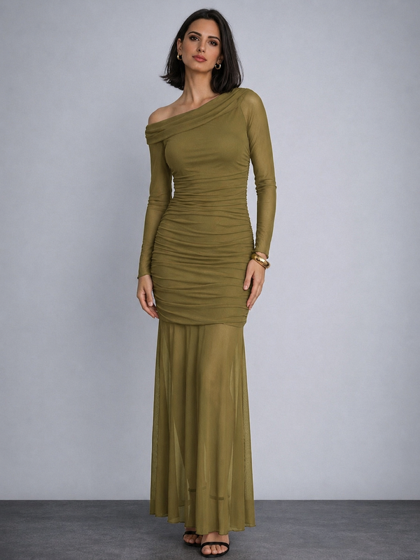 Olive Green One Shoulder Mesh Maxi Dress | Party & Evening Wear | Kadambarie