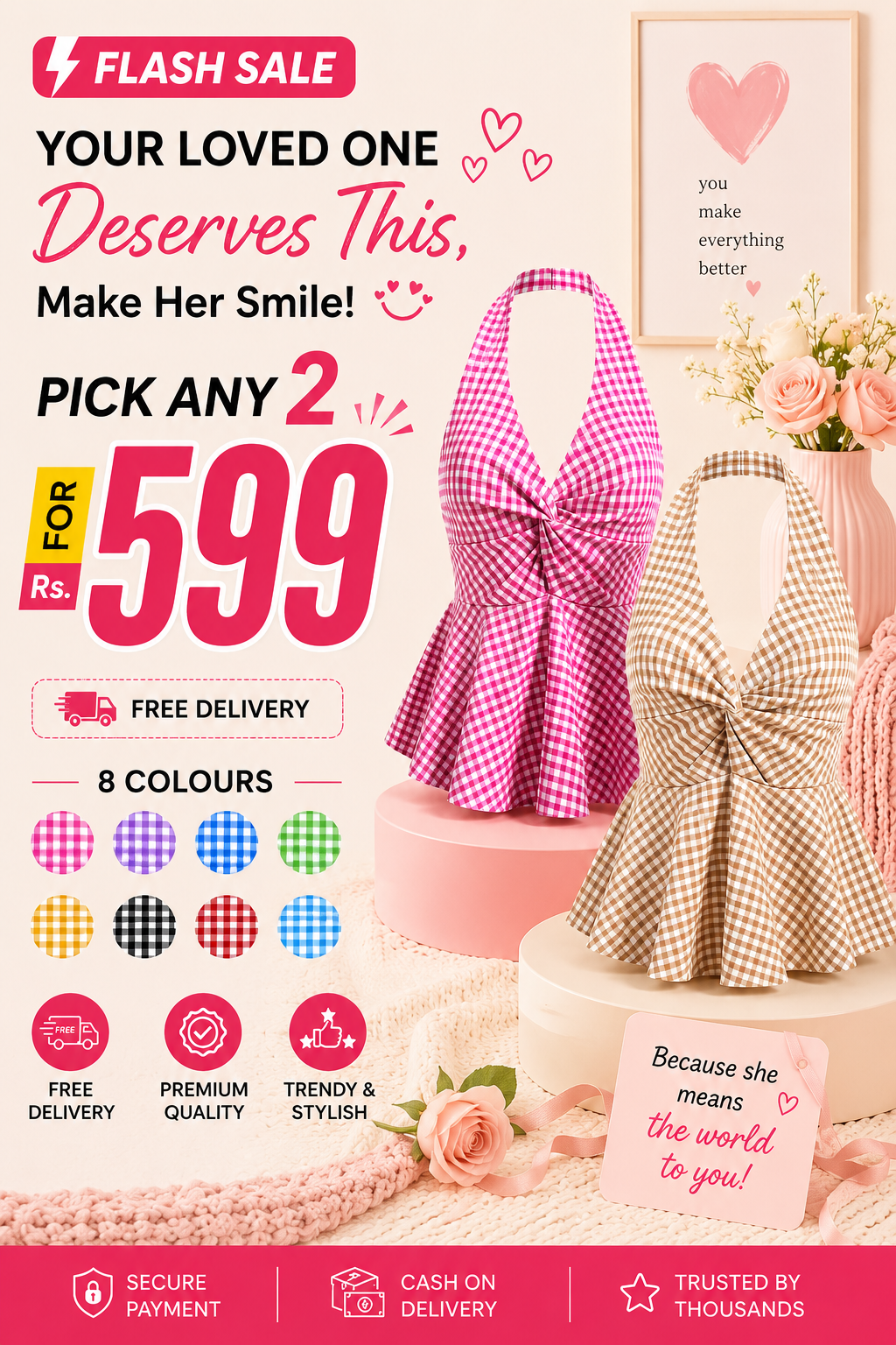 Gingham Halter Top - Pack of 2 | Pink & Brown